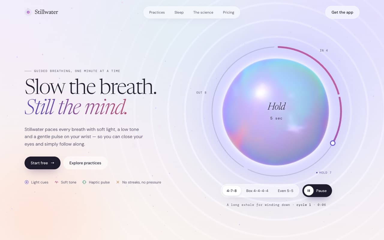 Guided breathing orb (light WebGL hero)