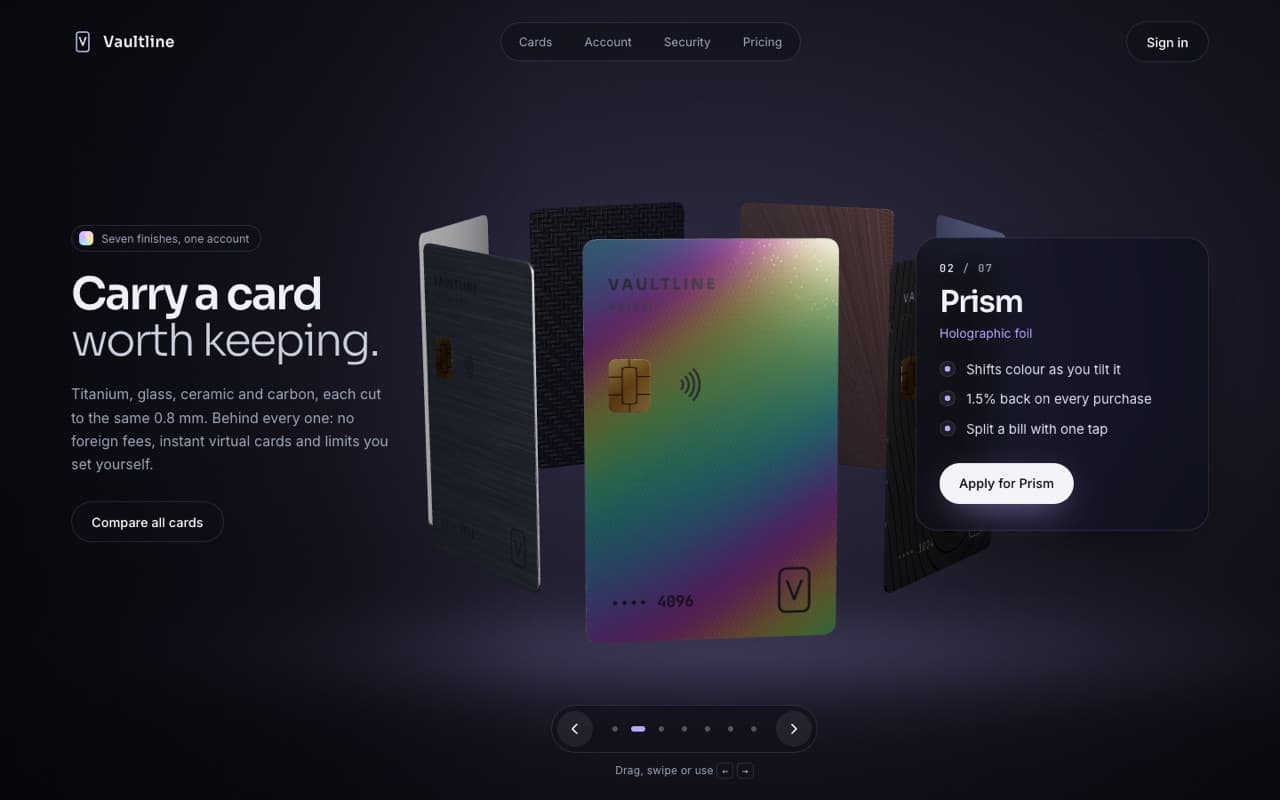 3D card carousel with metal, glass and holo finishes