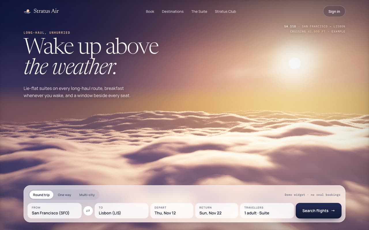 Ray-marched cloud flight hero (WebGL)