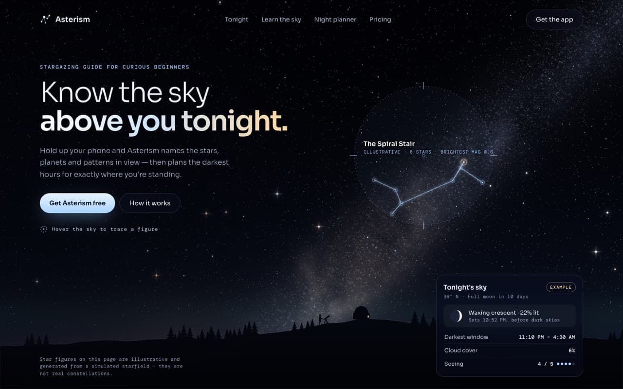 Rotating starfield with hover-traced constellations