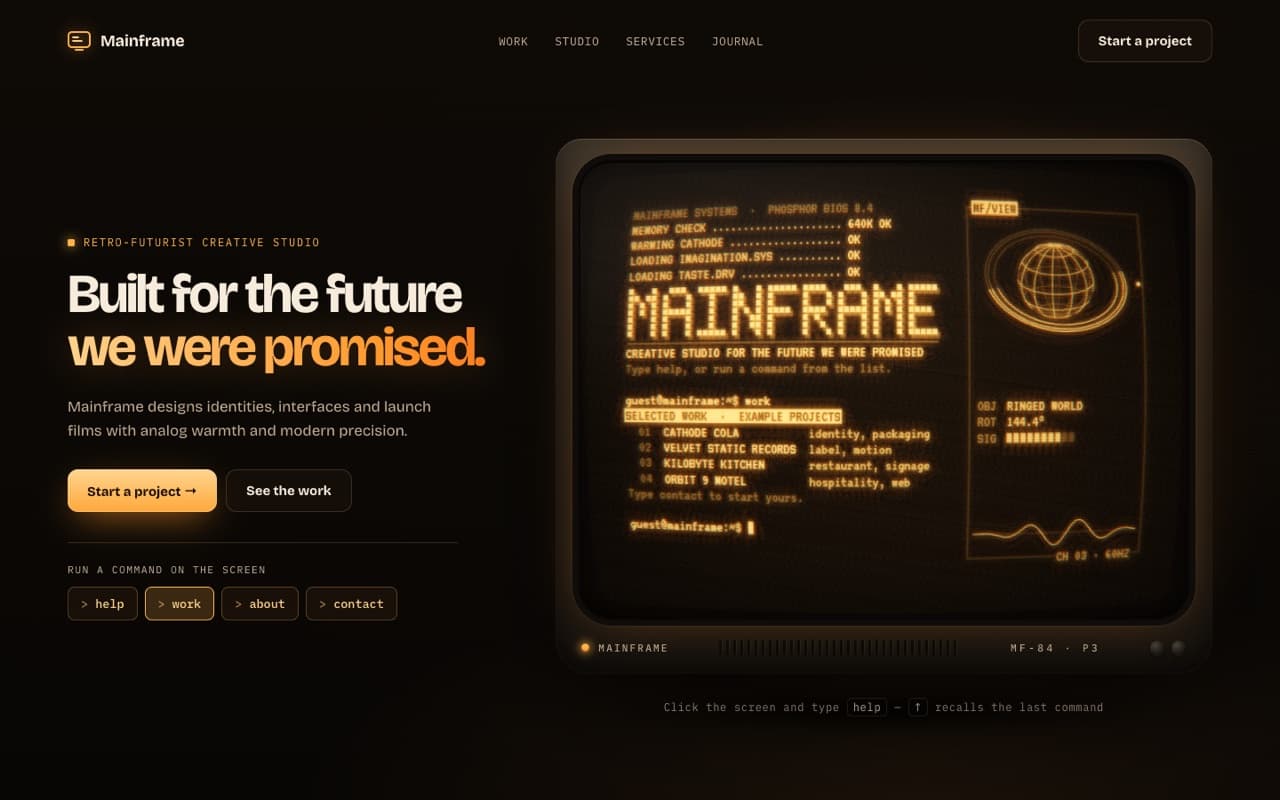 Amber CRT terminal hero you can type into (WebGL)