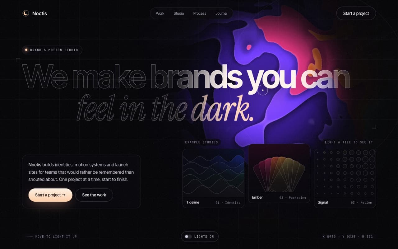 Cursor flashlight reveal hero (WebGL + CSS mask)