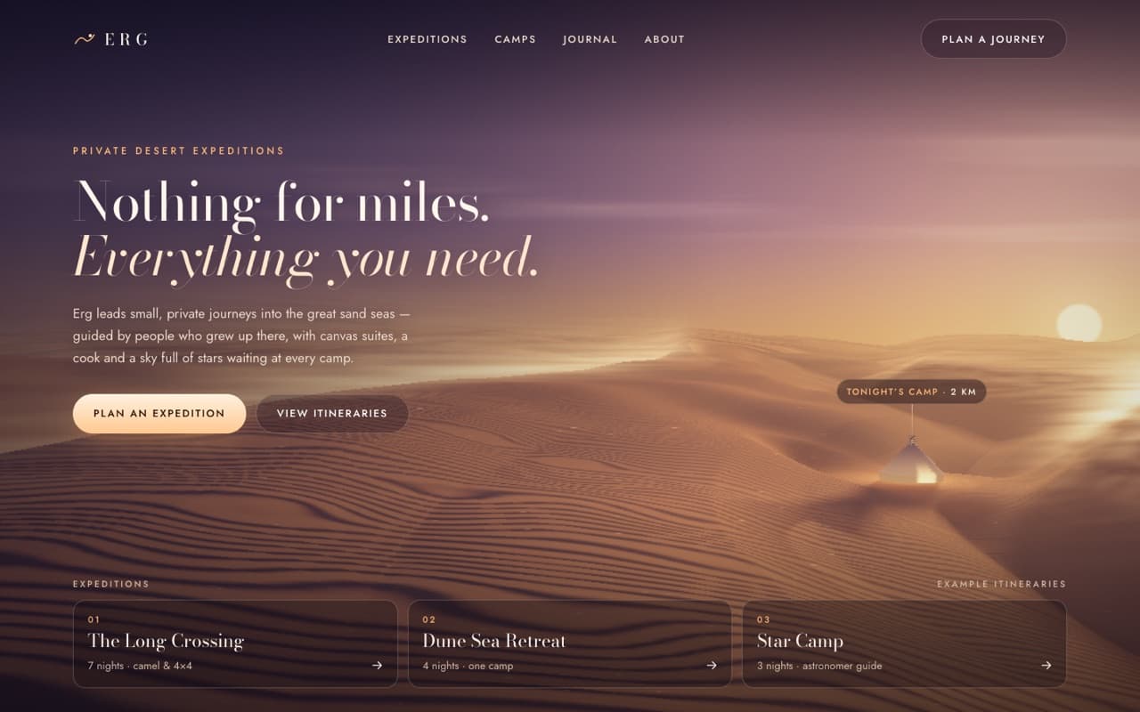 Ray-marched desert dunes at dusk (WebGL)