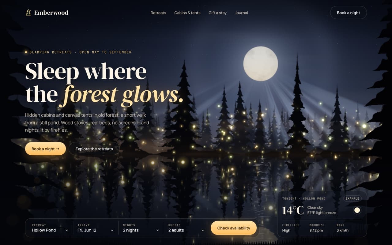 Firefly night forest with moon and pond (WebGL)