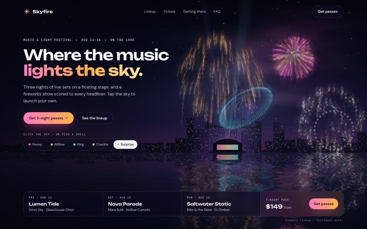 Interactive fireworks over a lake (WebGL)