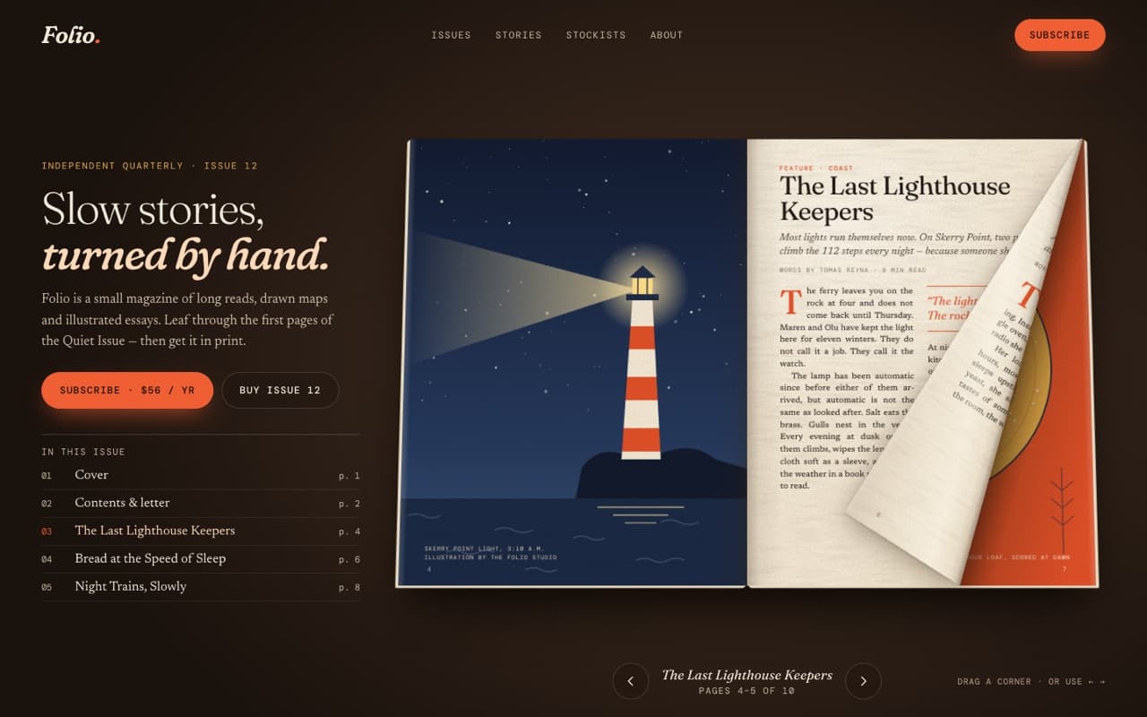 Page-flip magazine with corner drag (CSS 3D)