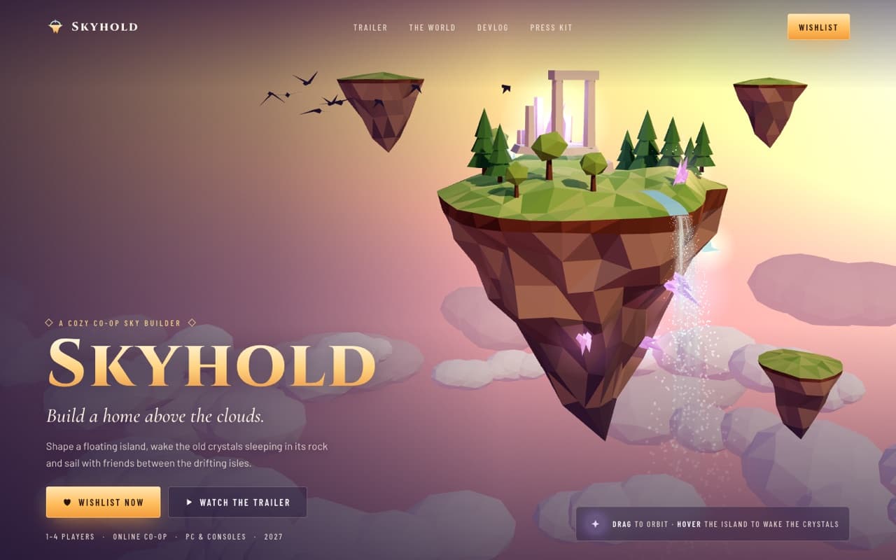 Low-poly floating island game hero (Three.js)