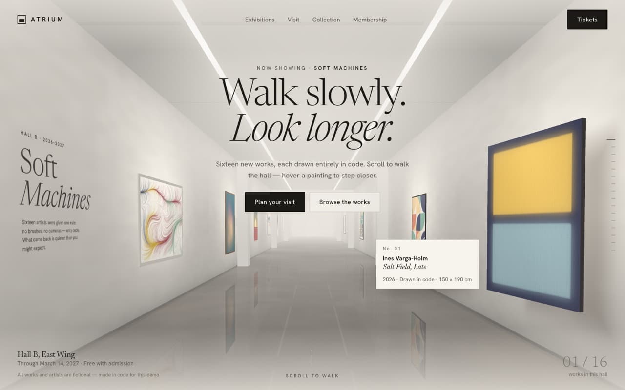 Scroll-through 3D art gallery hall (Three.js)