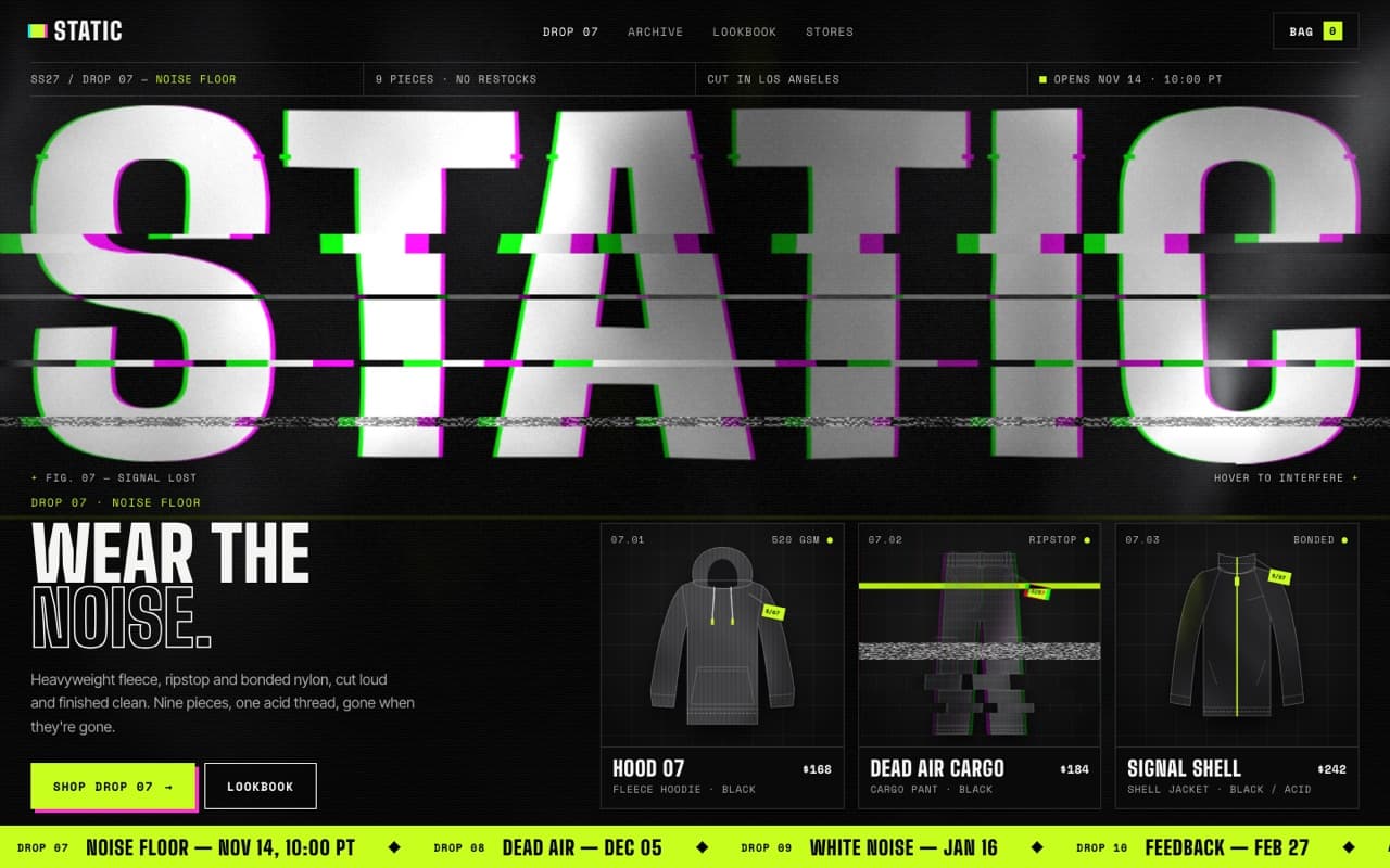 Glitch streetwear hero on a satin shader (WebGL)