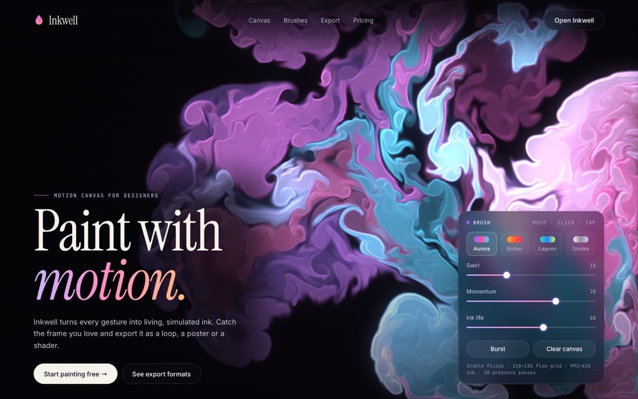 The page this prompt builds: Real-time ink fluid simulation hero (WebGL)
