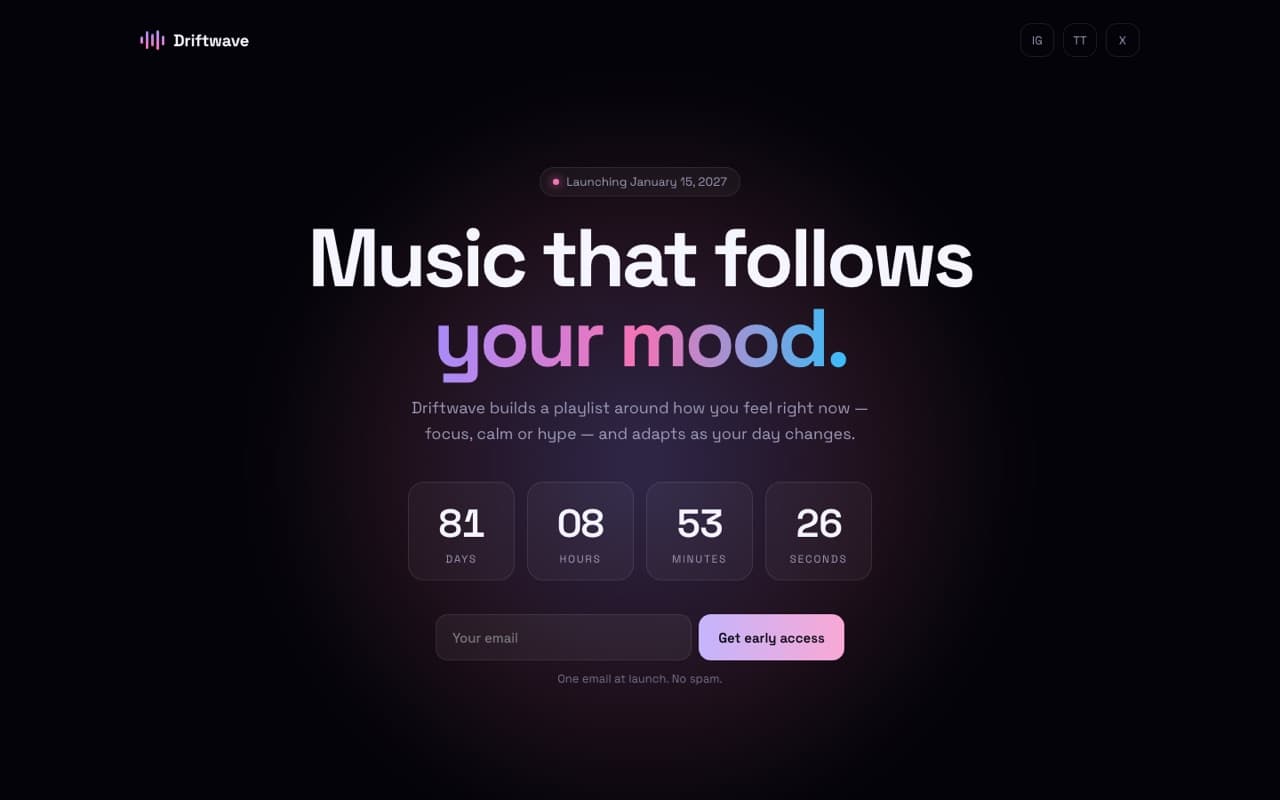 Launch page with a live countdown