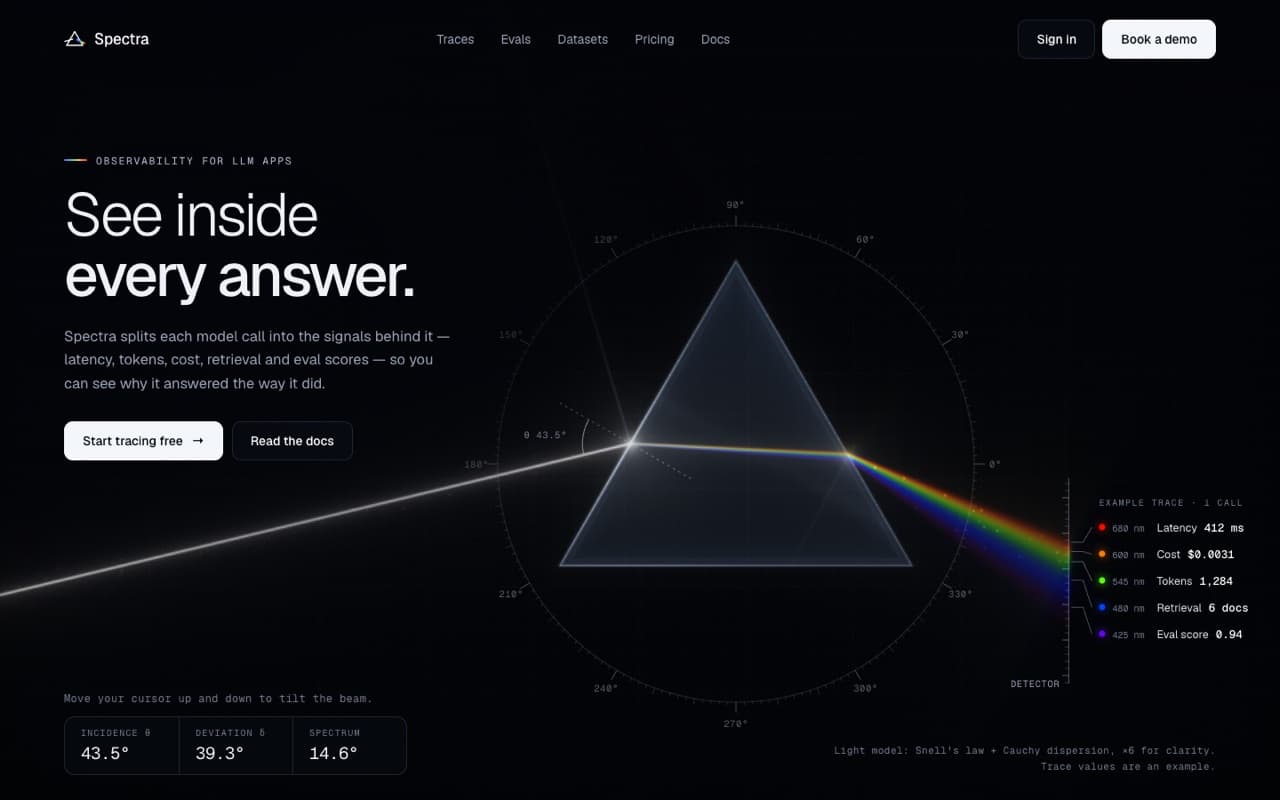 Light-through-a-prism hero with real optics (WebGL)