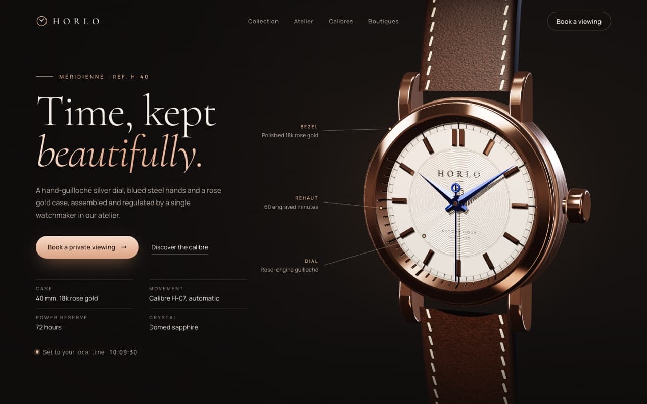 The page this prompt builds: 3D luxury watch that shows the real time (Three.js)
