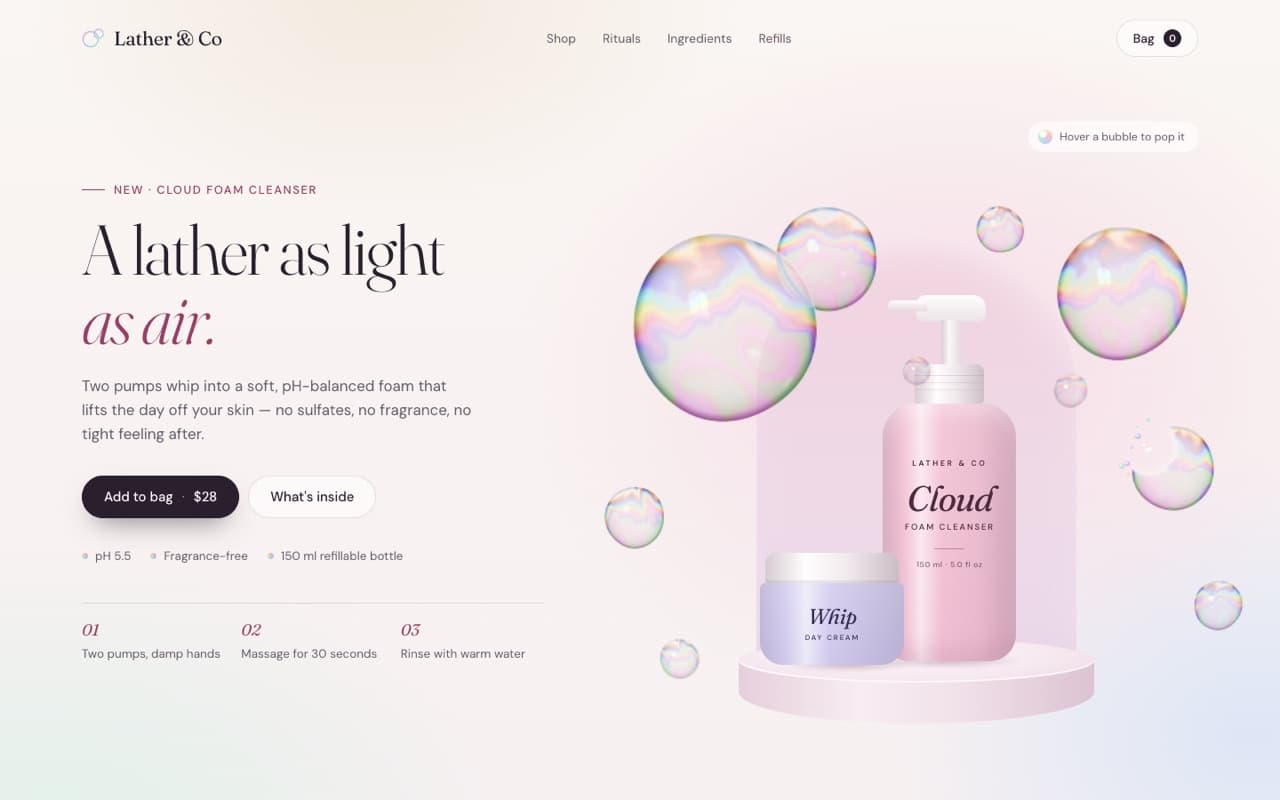 Iridescent soap bubbles product page (WebGL)