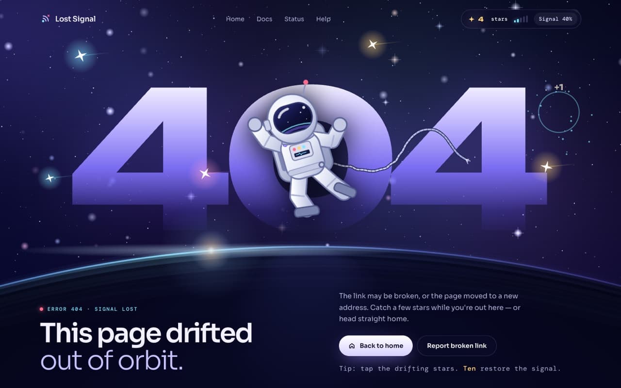 Space 404 page with a tumbling astronaut and mini game