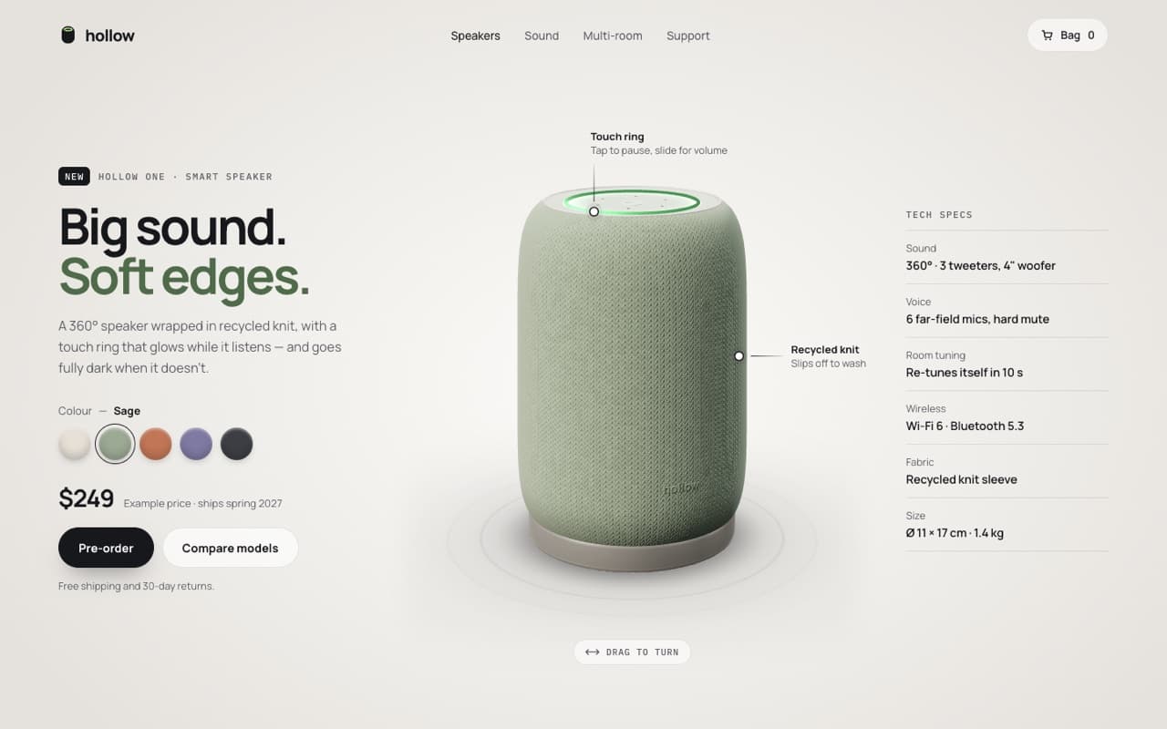 3D smart-speaker configurator (Three.js)