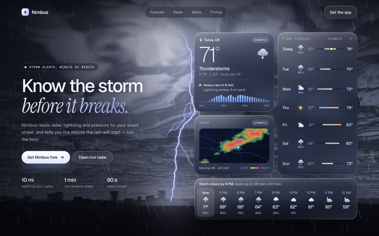 The page this prompt builds: Thunderstorm weather hero with liquid-glass cards