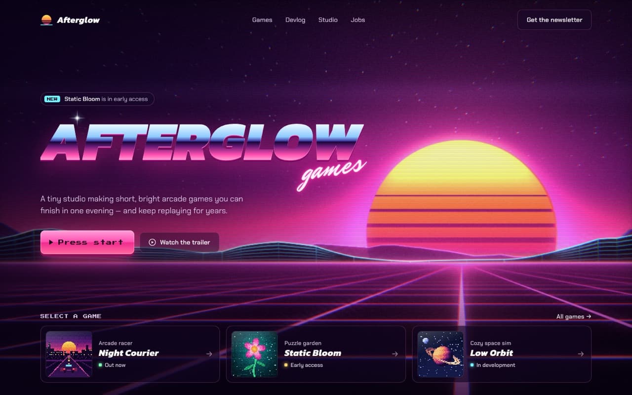 Synthwave sunset hero with VHS effects (WebGL)