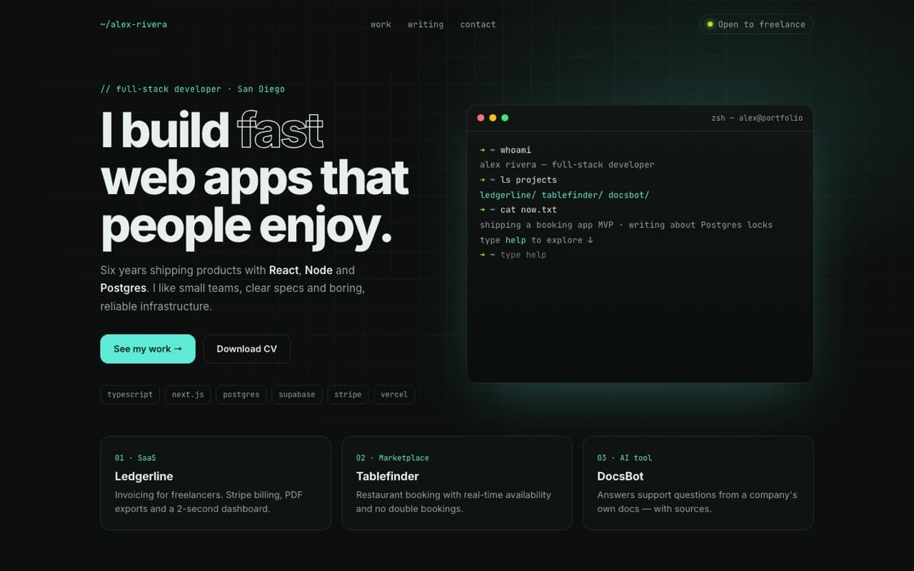 Developer portfolio with a working terminal