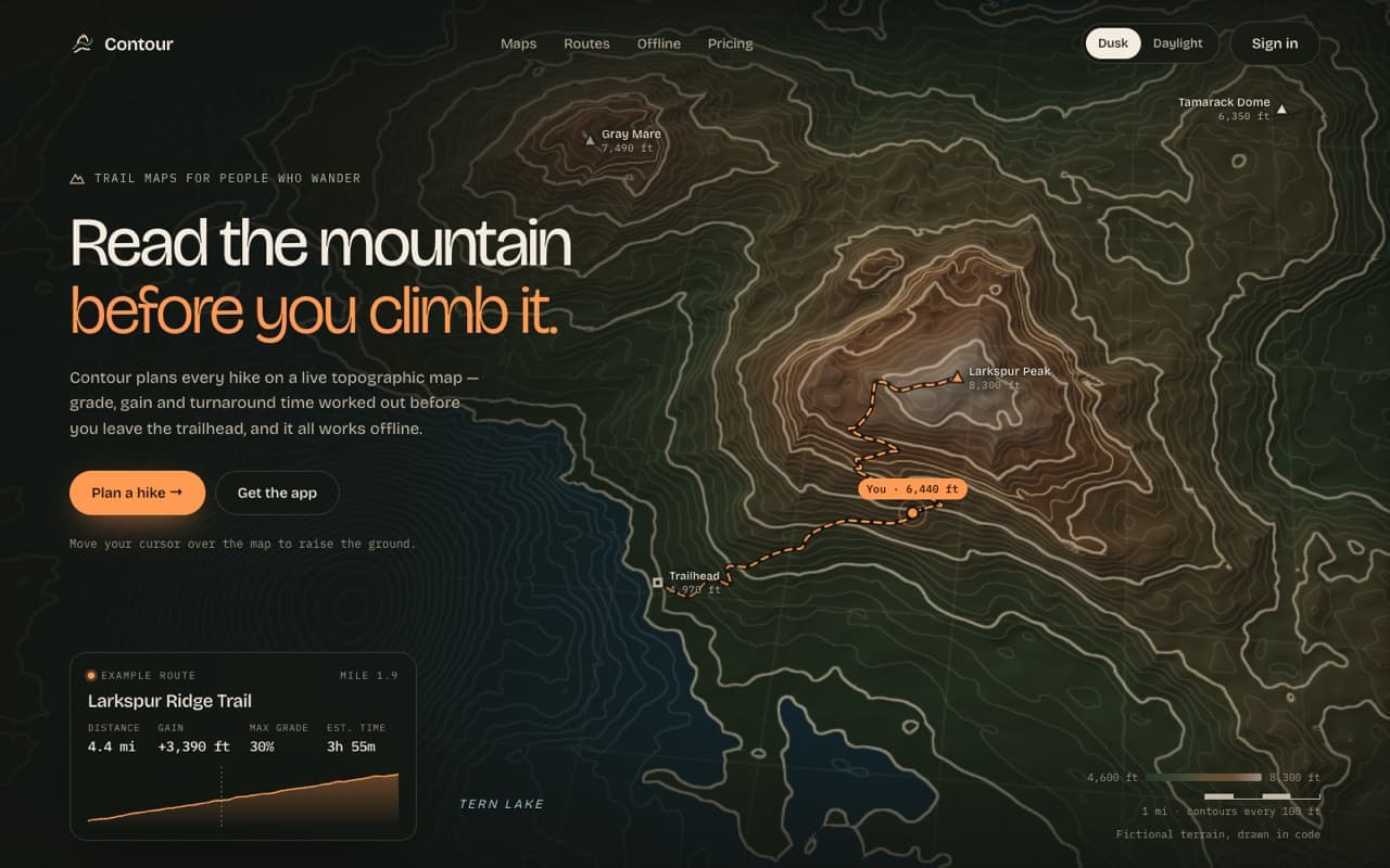 Live topographic map with a routed trail (WebGL)