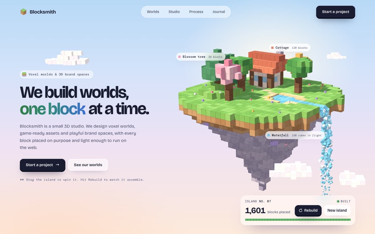 Floating voxel island that builds itself (Three.js)