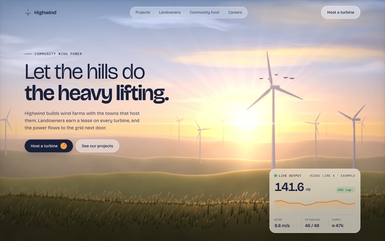 Golden-hour wind farm hero (WebGL shader)