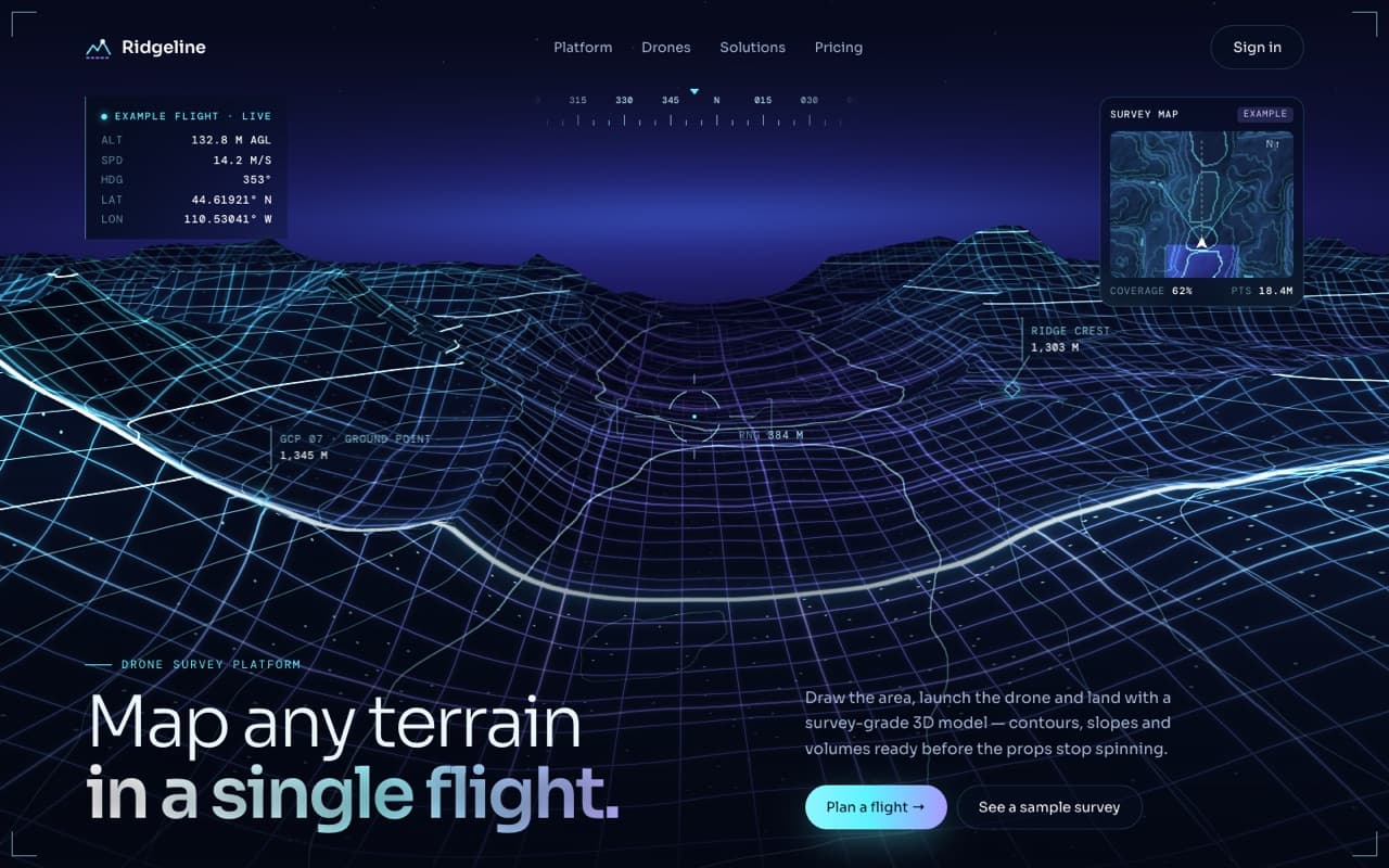 Wireframe terrain flyover with a drone HUD